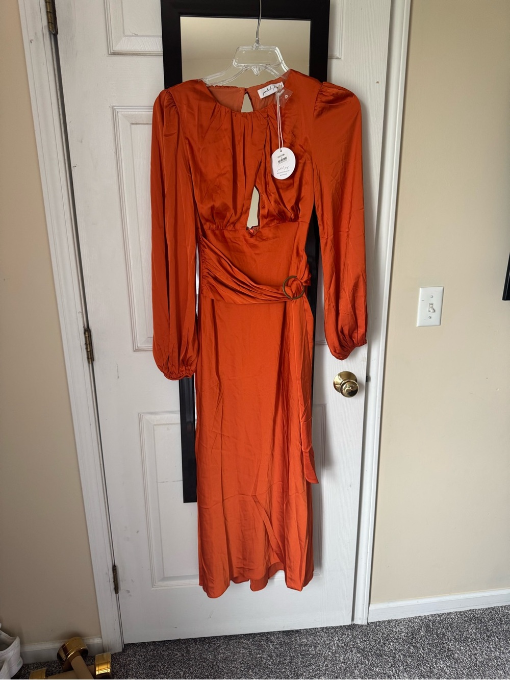 Petal & Pup Burnt Orange Long-Sleeve Midi Dress with Waist Tie